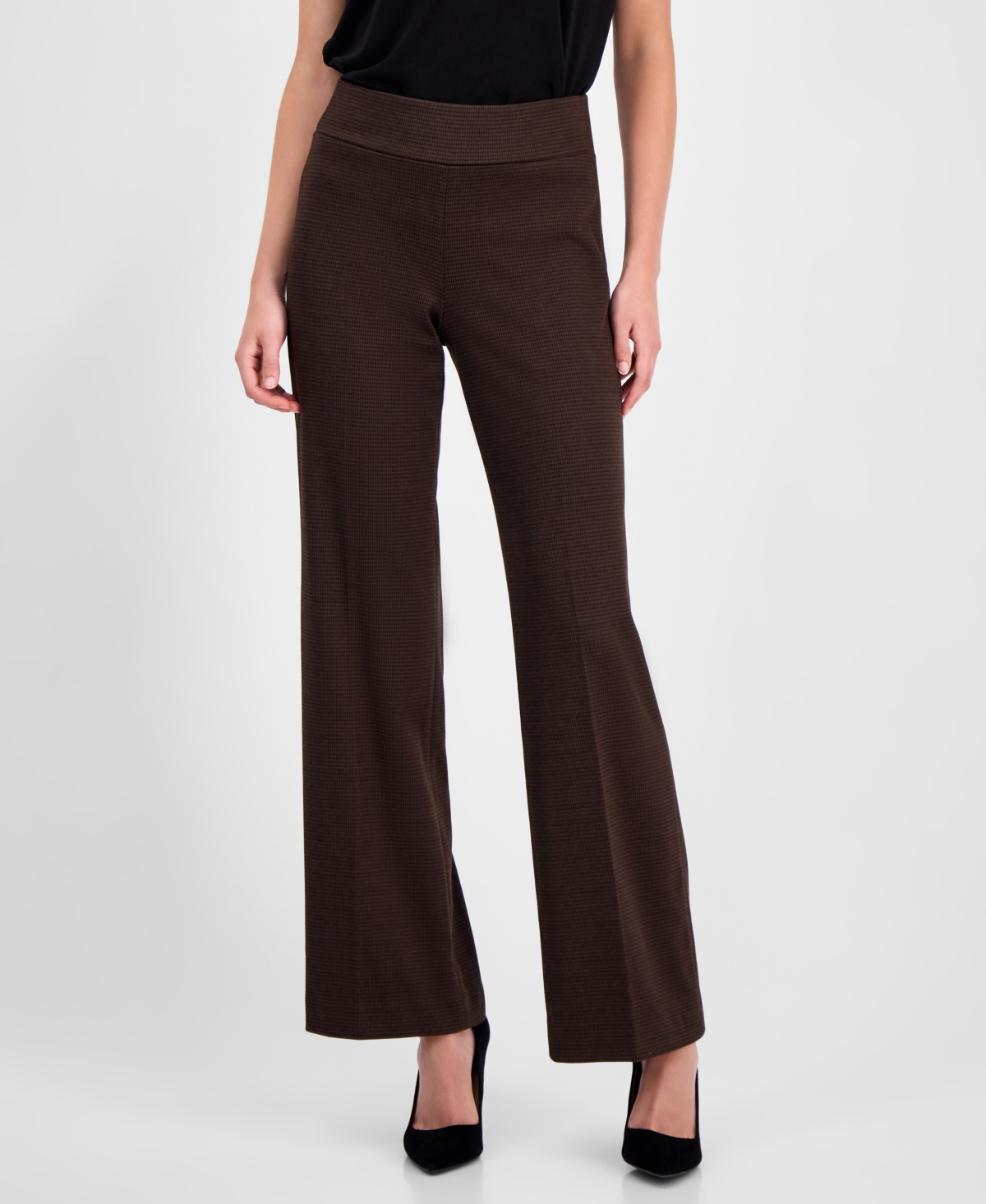 Anne Klein Houndstooth High Waist Pull-on Wide Leg Pants In Brown