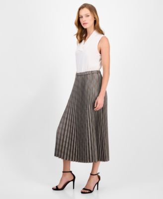 Women's Plaid Pleated Pull-On Midi Skirt