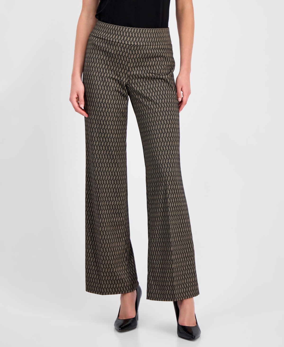 Anne Klein Chevron High Waist Pull-on Wide Leg Pants In Gray