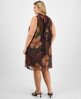 Plus Size Floral Chiffon Mock-Neck Chiffon Dress