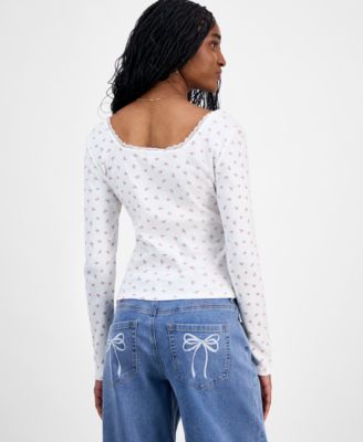 Juniors' Floral-Print Lace-Trim Top