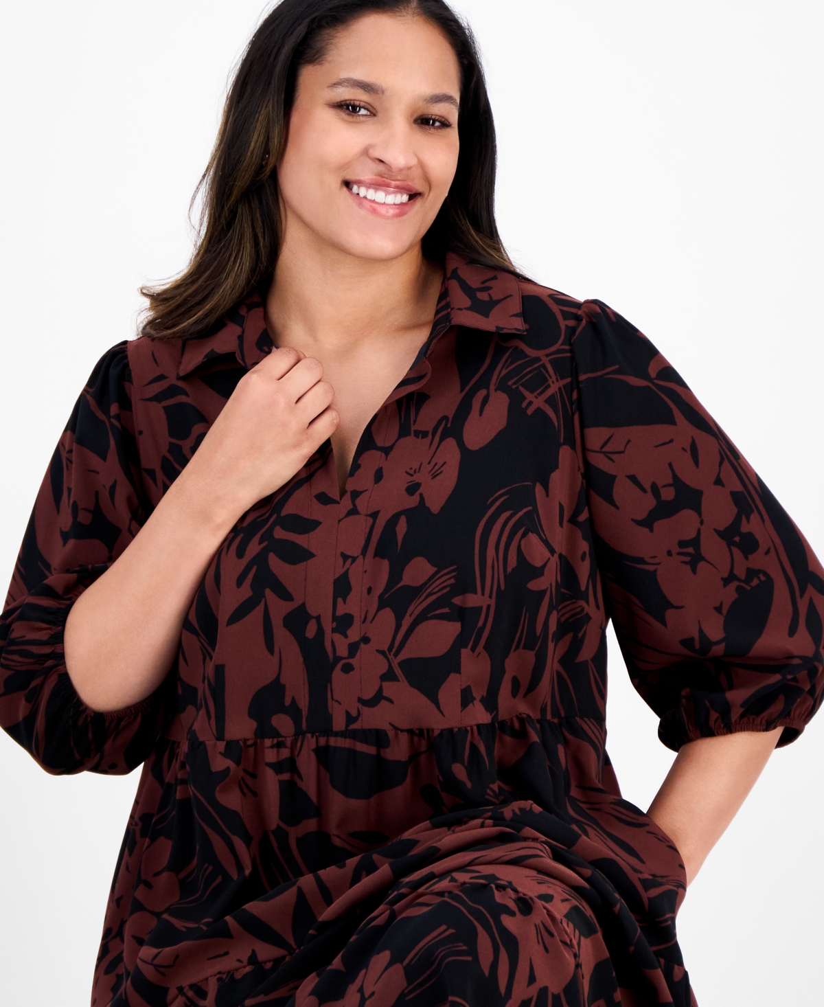 Sandra Darren Plus Size 3/4-sleeve Tiered Midi Dress In Brown