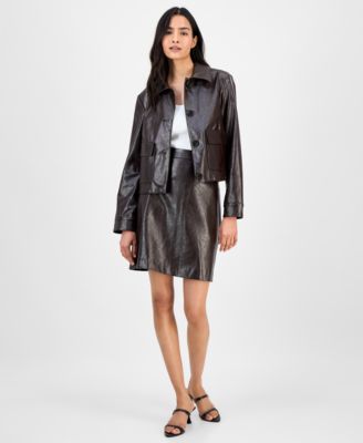 Anne Klein Womens Faux Leather Front Button Jacket Faux Leather Mini Skirt In Black