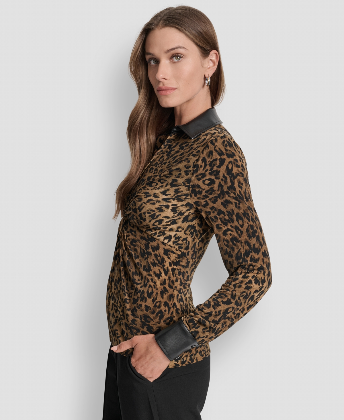 Dkny Twist Front Crinkle Satin Shirt In Brown