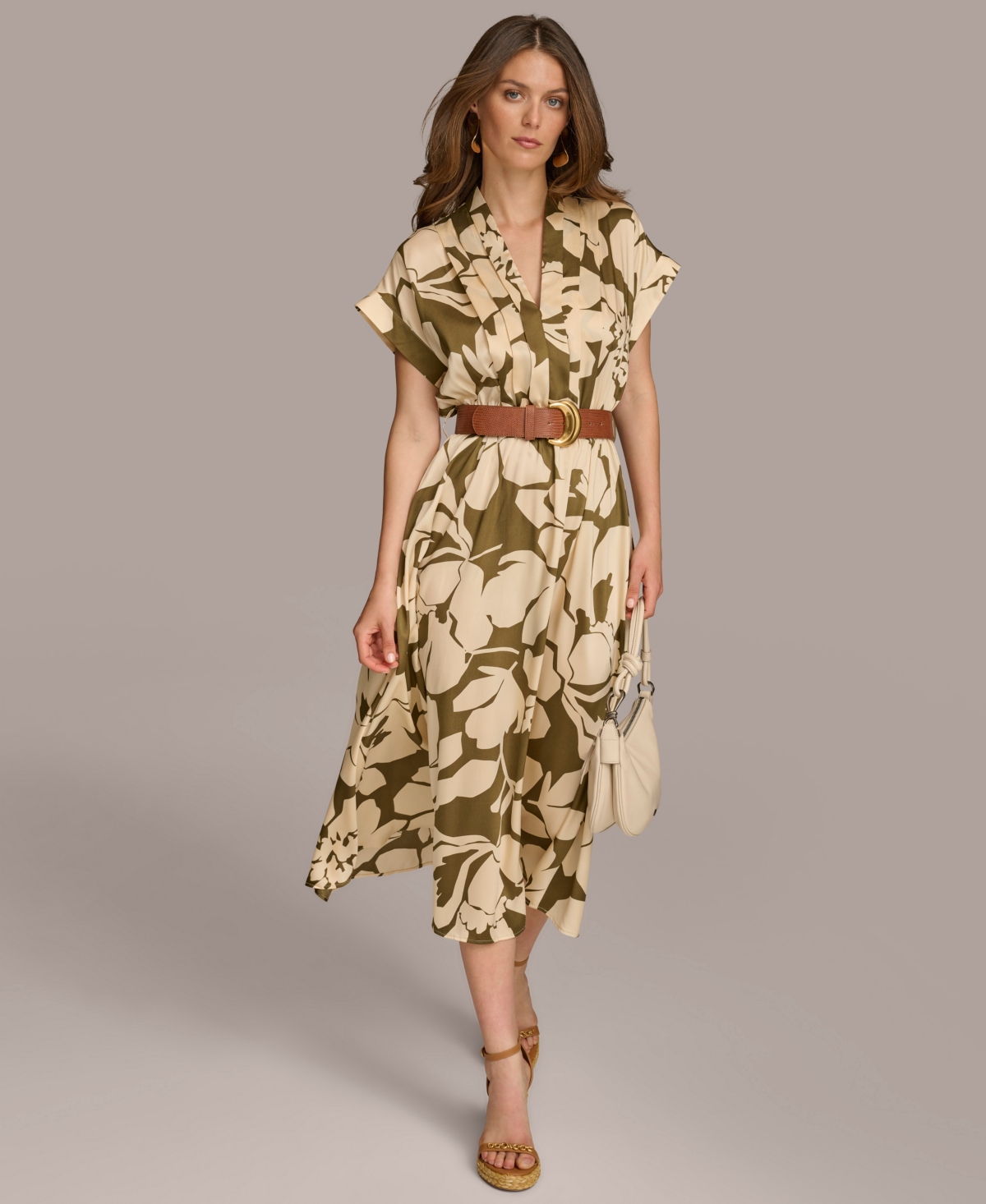Women's Belted Short-Sleeve A-Line Dress - Sap Green/Canvas