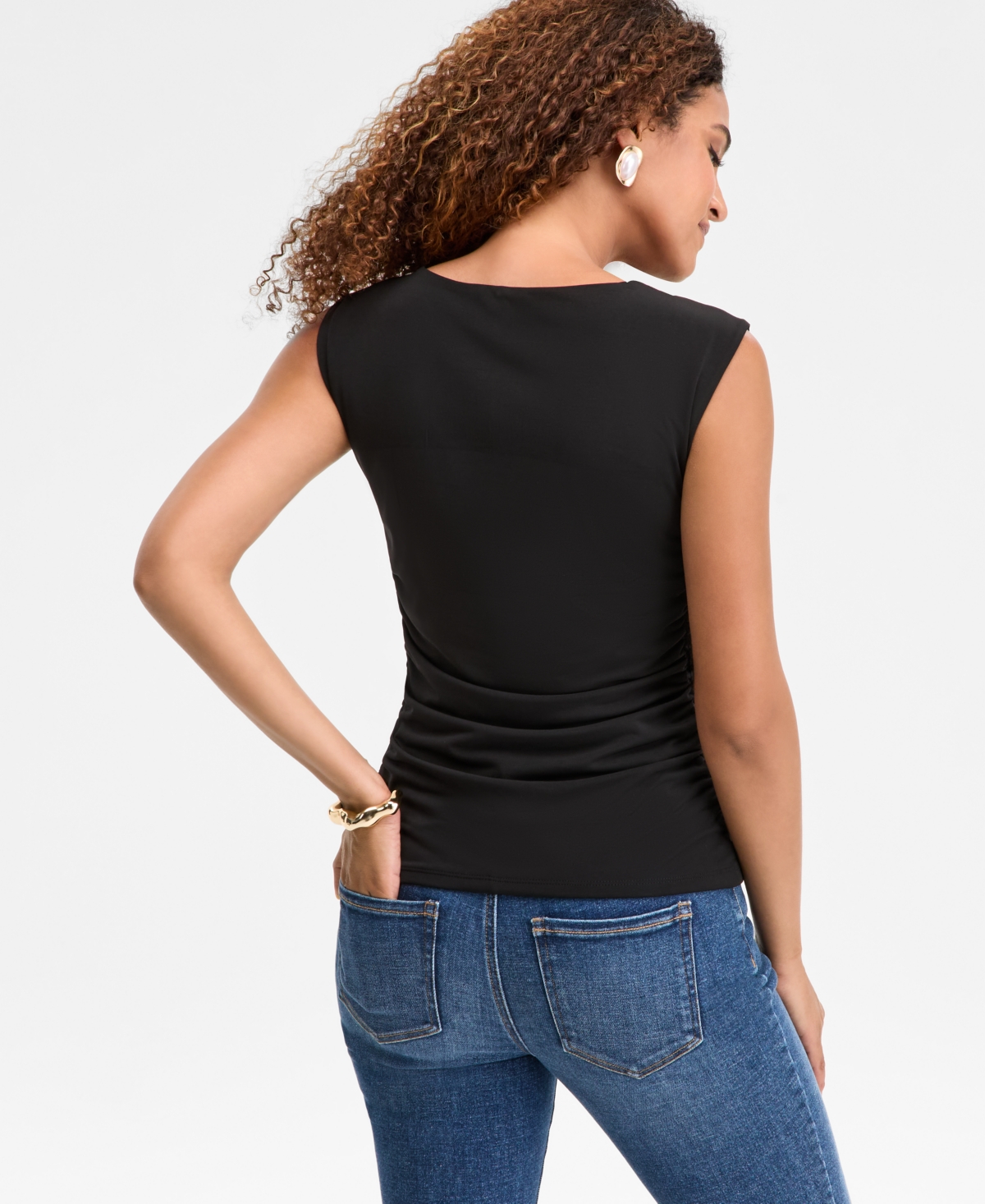 Inc International Concepts Womens Short Sleeve Ruched Boatneck Top Xs 3x Macys Exclusive In Black
