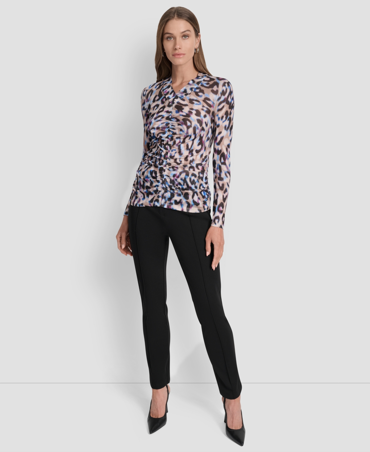 Dkny Women's Printed V-neck Ruched Top In Multi