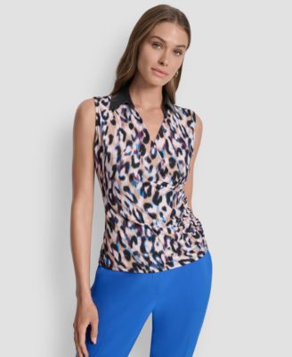 DKNY - Women's Printed Contrast-Collar Surplice Top