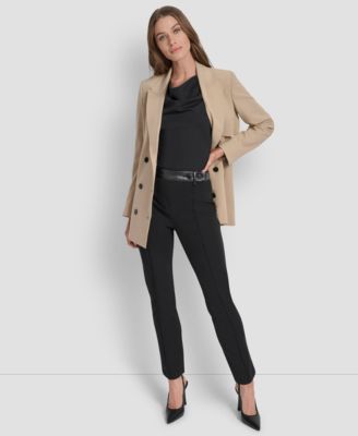 Dkny Womens Double Breasted Peak Lapel Trench Jacket Sleeveless Side Slit Ruched Top Faux Leather Trim Po In Neutral
