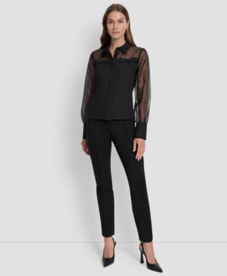 Women's Mixed-Media Organza Long-Sleeve Blouse