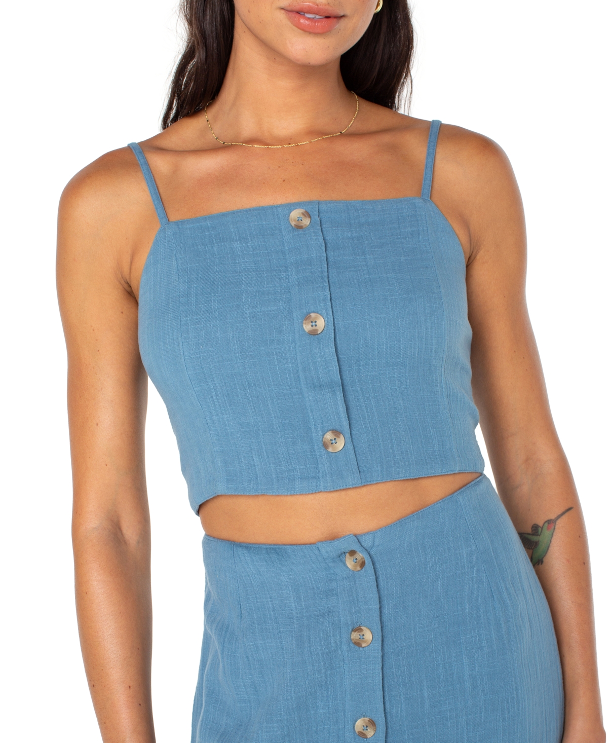 Roxy Juniors' Island Nomad Button-front Back-tie Cotton Cropped Top In Blue