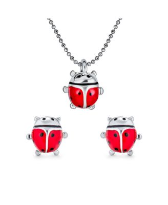 Small Red Enamel Ladybug Pendant Necklace and Stud Earrings Set Gold Tone