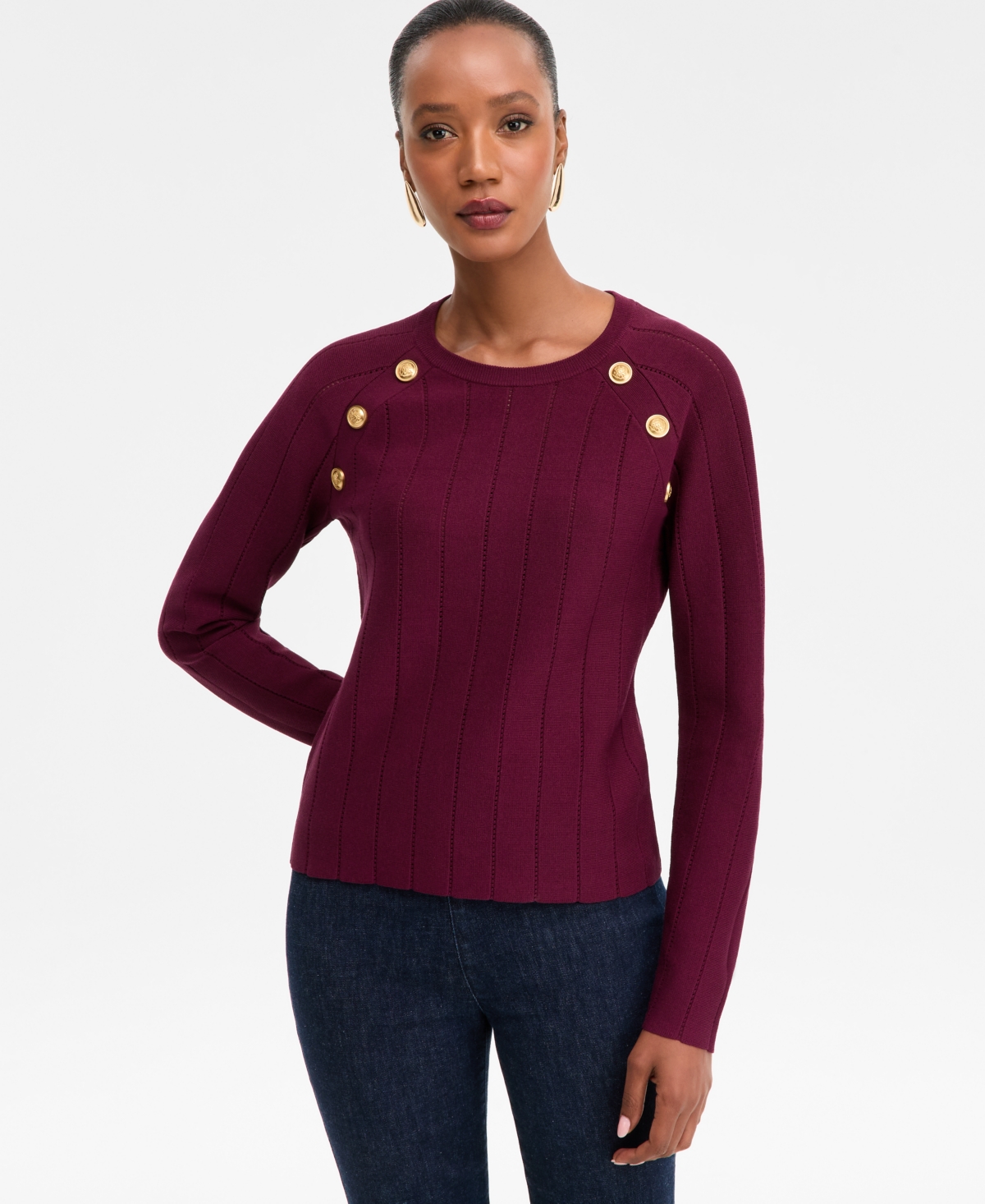 I.n.c. International Concepts Women's Button-Trim Pointelle Sweater, Macy's Exclusive