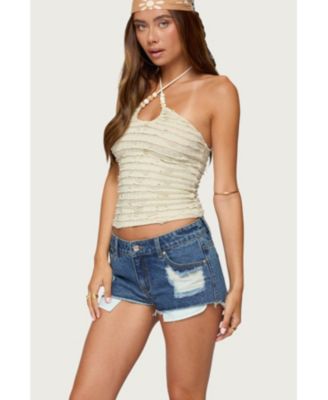 Women's Criss Cross Bead Ruffled Halter Top