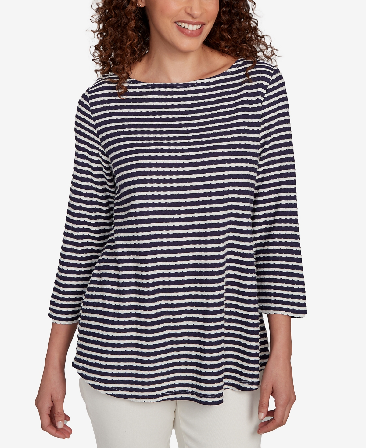 Petite Scalloped Texture Stripe Top - Navy Multi