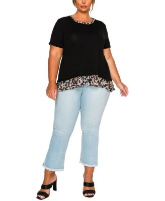 Plus Size Leopard Print Mesh Pleat Back Short Sleeve Top