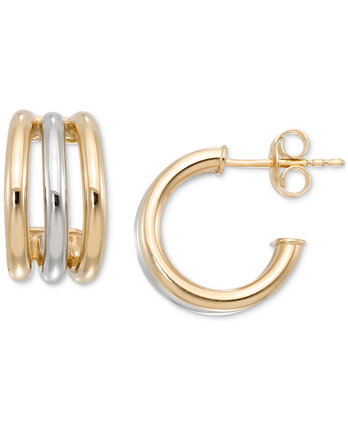 Macy's Polished Triple Row Extra-small C Hoop Earrings In 10k White & Yellow Gold, 0.39" In Gold