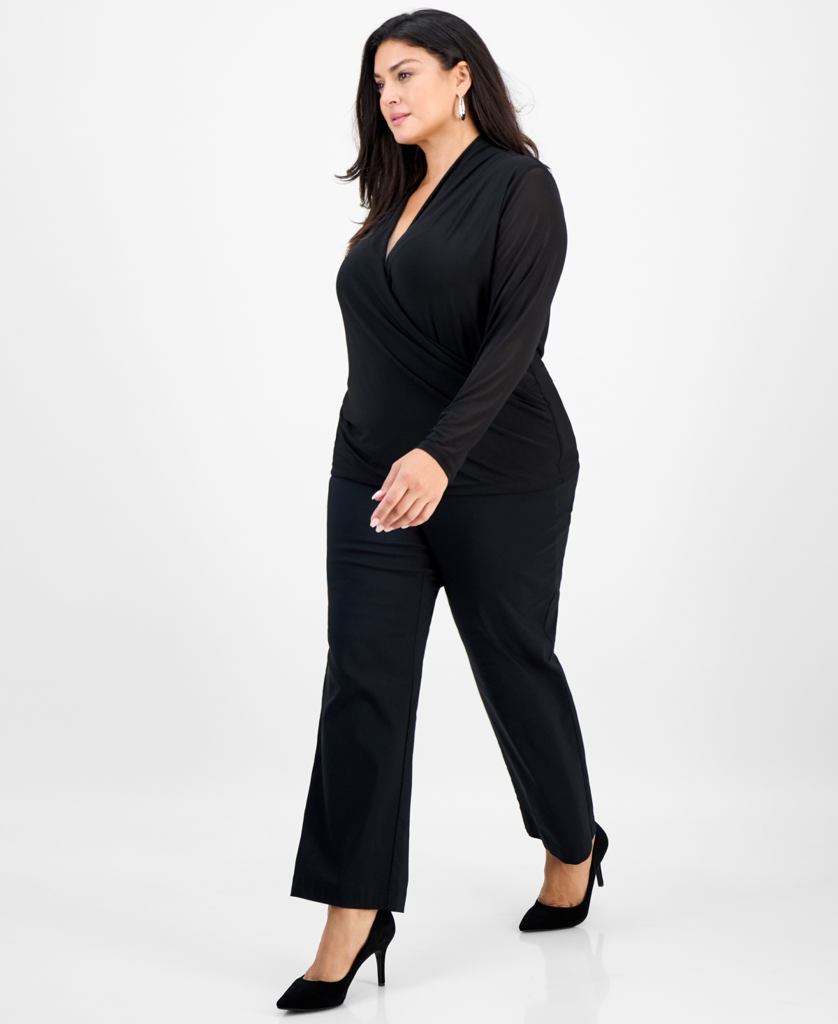 Inc International Concepts Plus Size Blouson-sleeve Surplice Top, Created For Macy's In Black