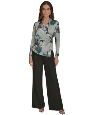 Petites Long-Sleeve Printed Shawl-Collar Blouse