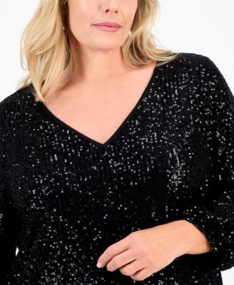 Plus Size Sequinned V-Neck 3/4-Sleeve Top, Macy's Exclusive