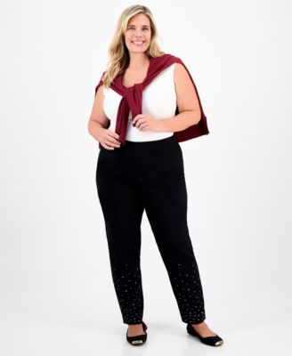 JM Collection - Plus Size Rhinestone Pearl Embellished Pull-On Cambridge Pants