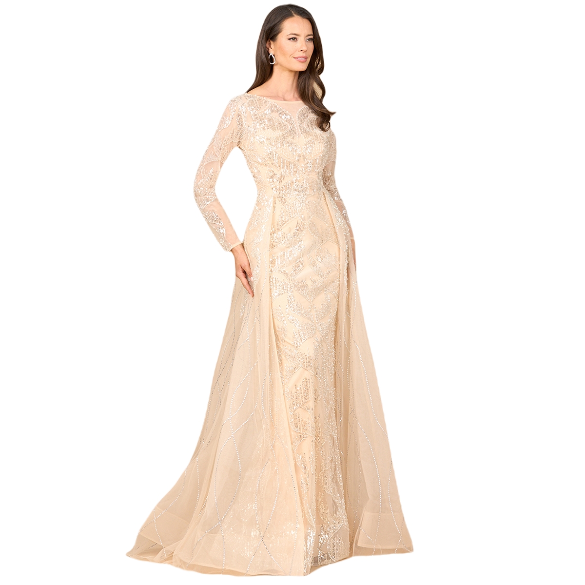 Women's Long Sleeve Gown with Overskirt & High Neck - Champagne