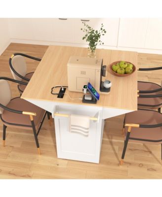 55.7" Large Kitchen Island with 2 Drop Leafs, Rolling Cart, Power Outlet, Folding Dining Table, Spice Rack, No Stools