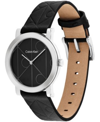 Women's CK Monogram Black Leather Strap Watch 32mm