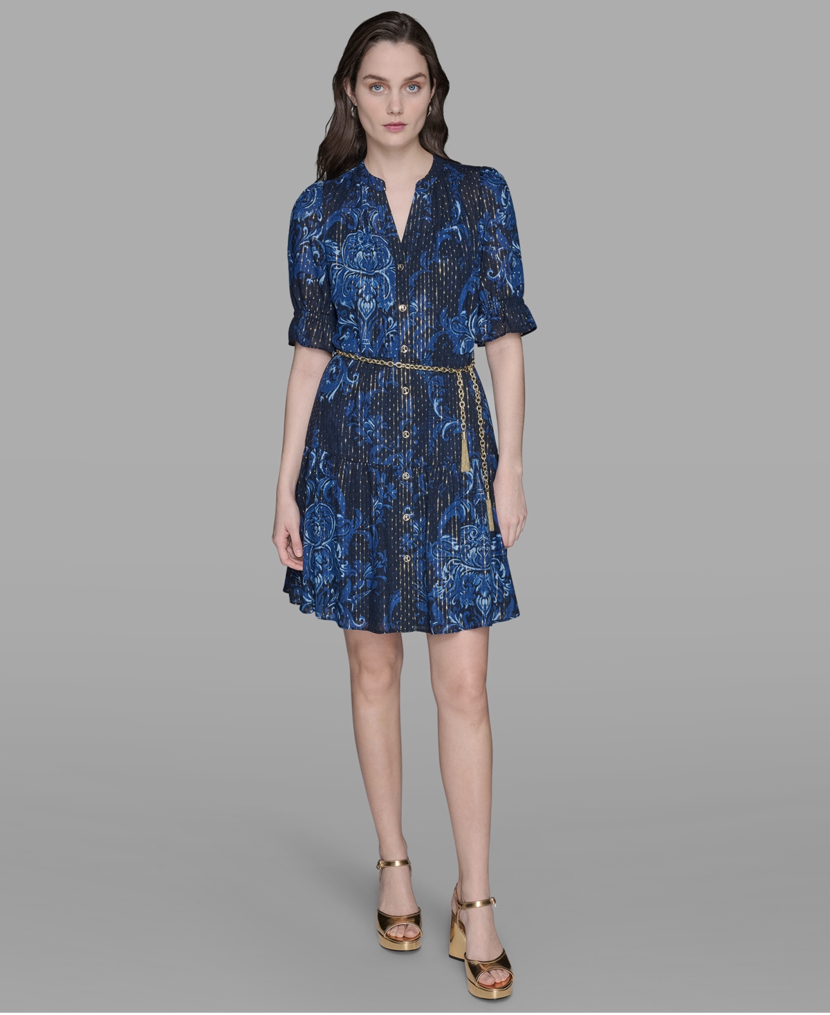 Karl Lagerfeld Petite Printed Belted Fit & Flare Dress In Multi