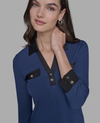 Petite Collared V-Neck Rib-Knit Top