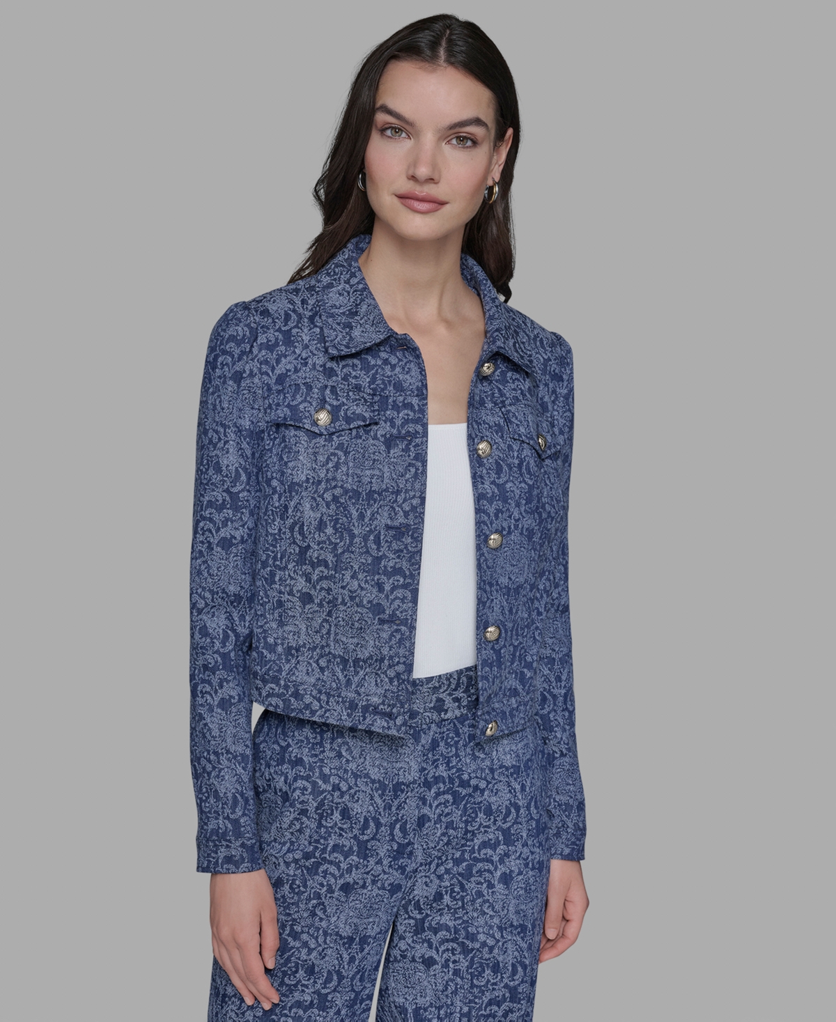 Karl Lagerfeld Petite Printed Button-front Jacket In Blue