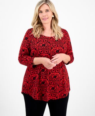 JM Collection - Plus Size Printed 3/4-Sleeve Top