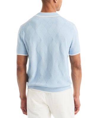 Men's Short Sleeve Textured Argyle Polo Sweater
