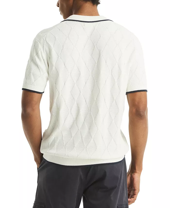Men's Short Sleeve Textured Argyle Polo Sweater - thumbnail 6