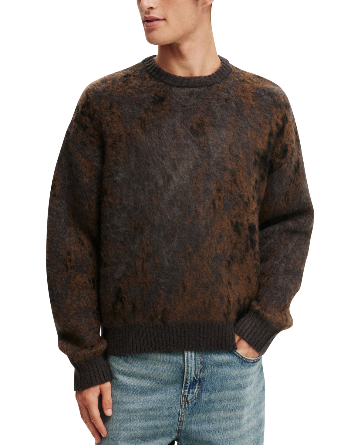Men's Box Fit Fuzzy Crew Knit Sweater - Brown