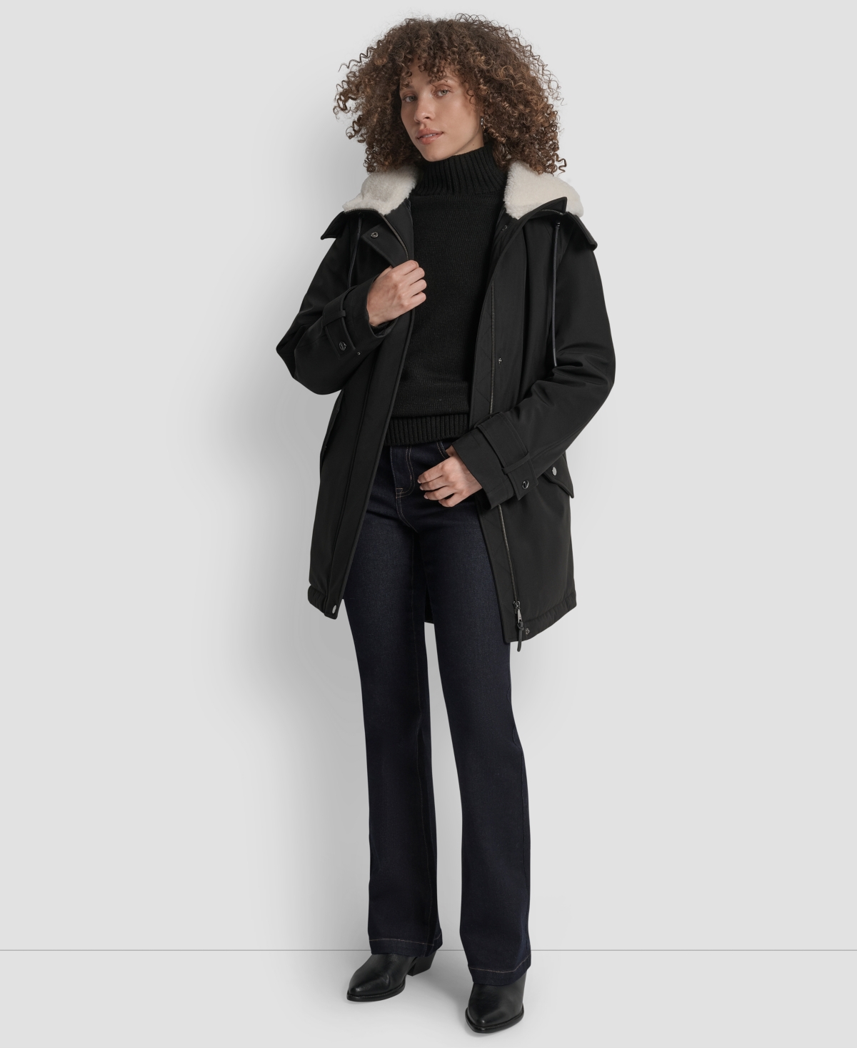 Dkny Faux Fur Lined Hooded Softshell Parka In Black