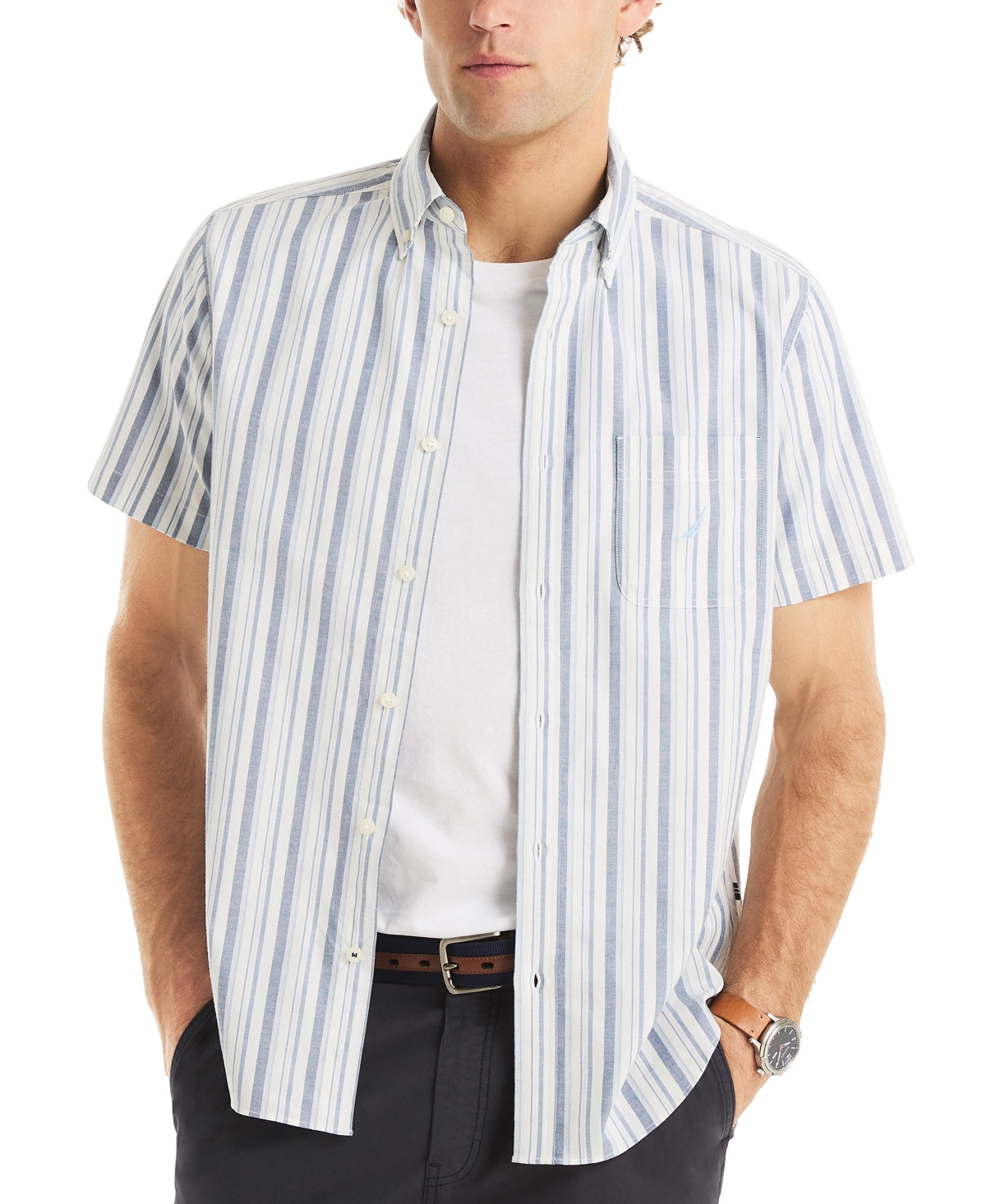 Men's Short Sleeve Striped Button-Down Oxford Shirt - Sail White