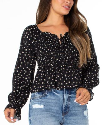 Juniors' Ditsy-Print Ruffle-Trim Babydoll Top