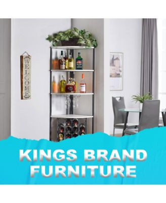 5 Tier Corner Wine Rack with Glass Holder and Storage Shelves, Wine Bar Cabinet for Living Room, Dining Room, Kitchen