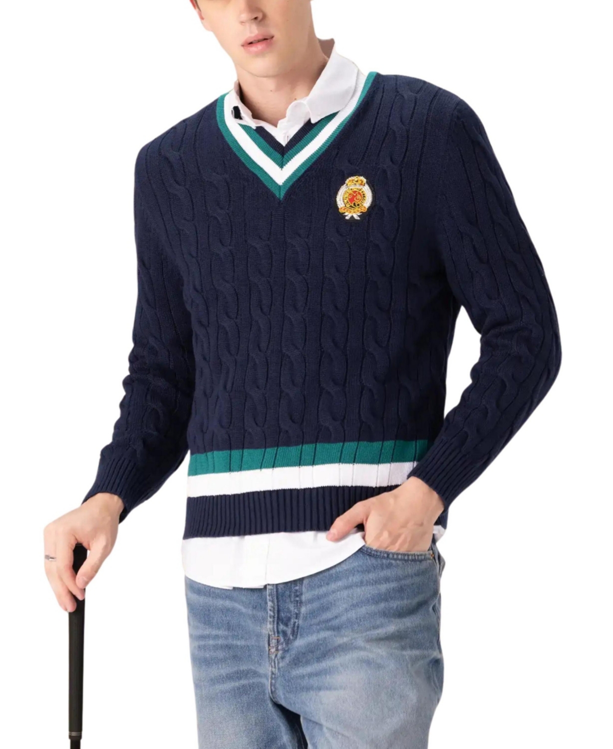 Men's Cotton Cable Knit Cricket Sweater - Green