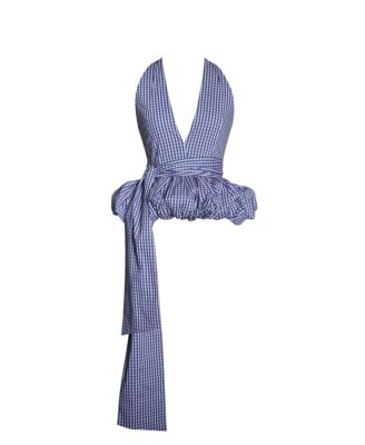 Women's Ilene Blue and White Checkered Bubble Hem Halter Top