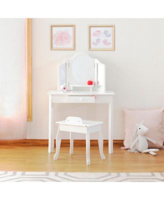 Kids' Vanity and Stool Set - White: Little Girls Pretend Play Princess Desk and Chair, Makeup Mirror with Storage Drawer