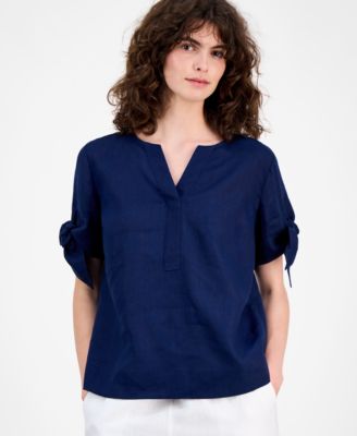 Charter Club - Linen Split-Neck Tie-Cuff Top