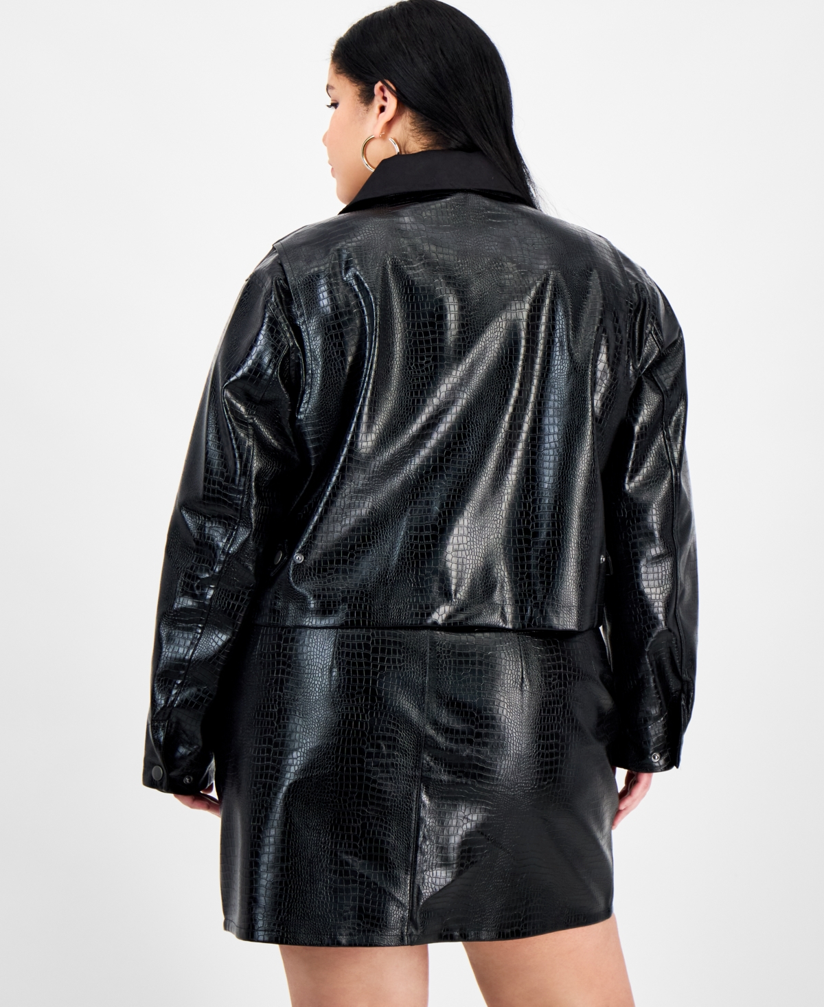 Bar Iii Trendy Plus Size Emboss Faux-leather Jacket, Macy's Exclusive In Black
