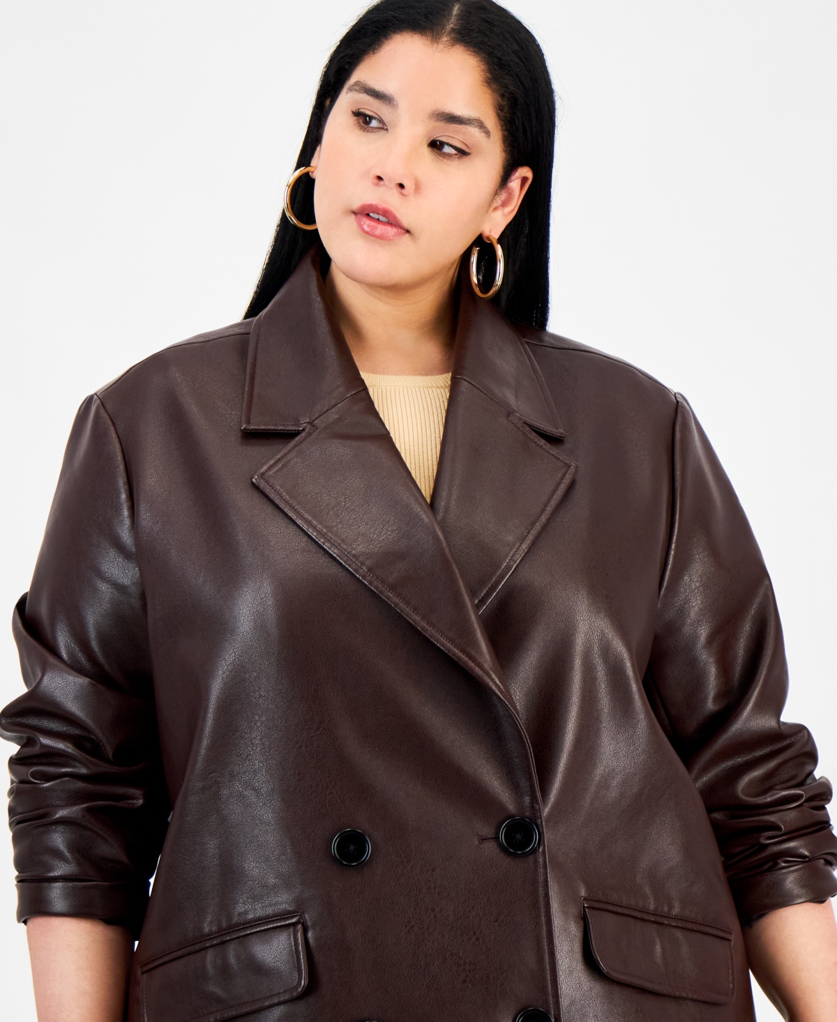 Bar Iii Trendy Plus Size Double-breasted Faux Leather Blazer, Macy's Exclusive In Brown