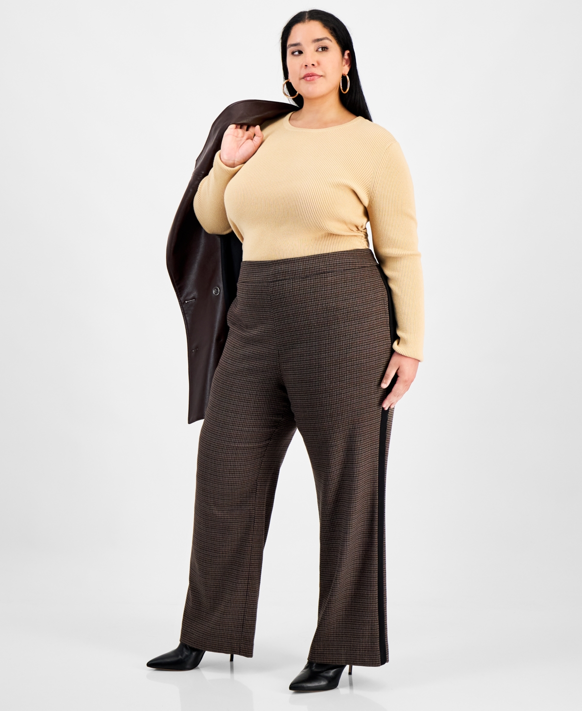 Bar Iii Trendy Plus Size Herringbone High Rise Wide-leg Pants, Macy's Exclusive In Multi