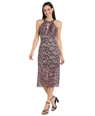 Women's Lace Two-Tone Halter Midi Dress