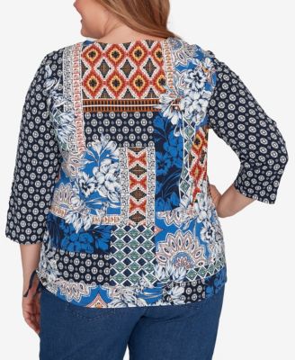 Plus Size Batik Patchwork Drawstring Closure Top