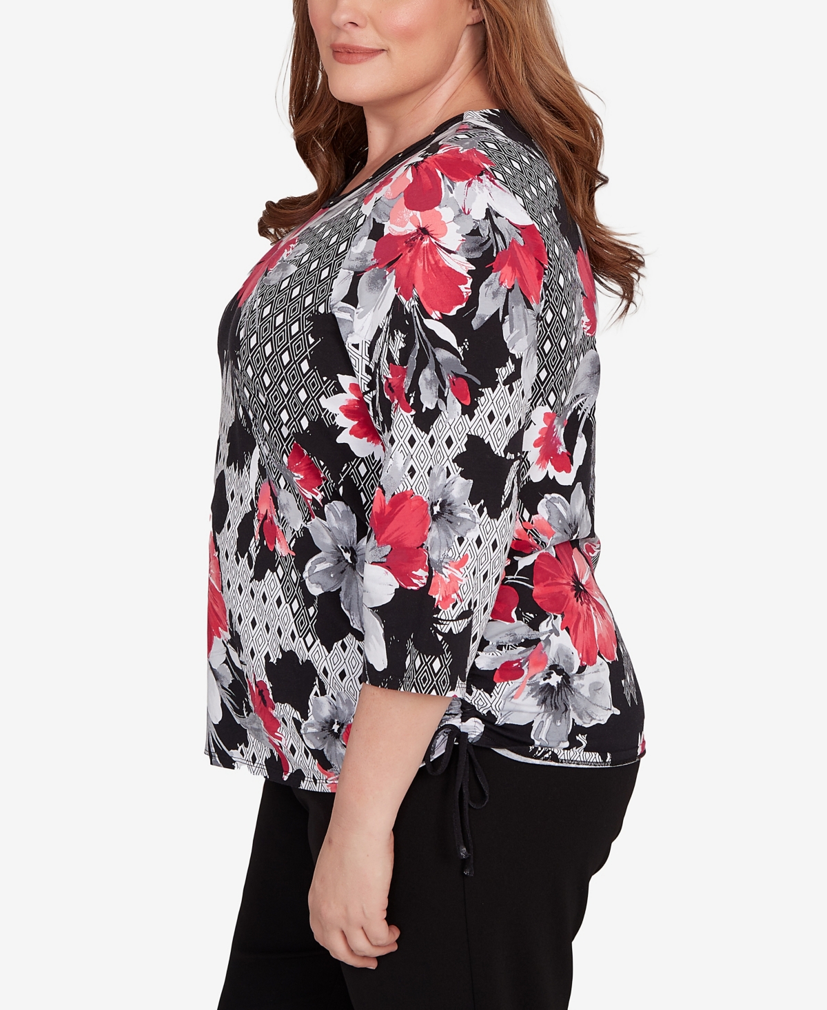 Alfred Dunner Plus Size Patchwork Diamond Floral Crew Neck Top In Black