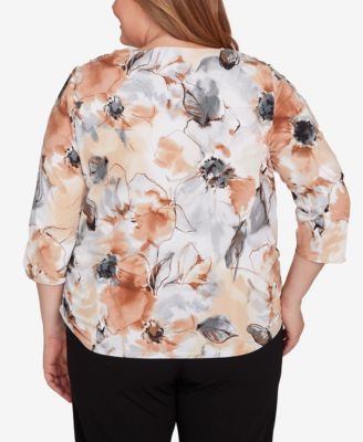 Plus Size Watercolor Floral Gathered Sides Crew Neck Top